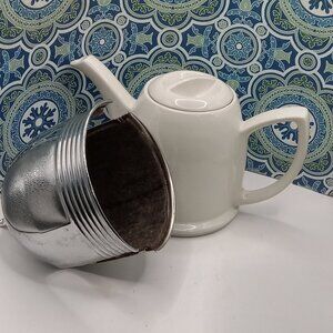 Hall China Ceramic White Tea Pot w/Insulated Silver Metal Cozy Cover Exclusive
